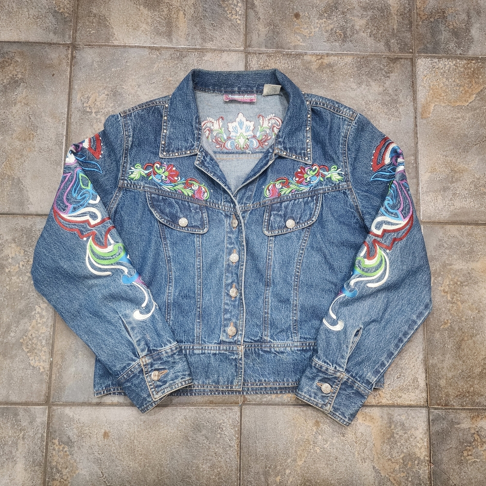 Vintage 90s Doreman Burns Cowgirls Women's Large Embroidered Denim Jean Jacket